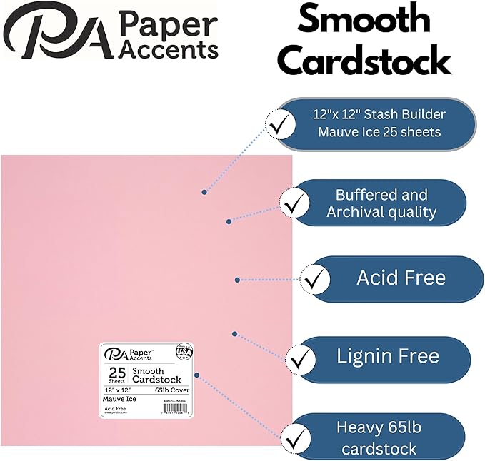 PA Paper Accents Smooth Cardstock 12" x 12" Mauve Ice, 65lb colored cardstock paper for card making, scrapbooking, printing, quilling and crafts, 25 piece pack