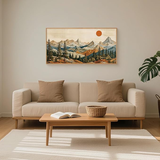 Ausril Boho Woodcut Mountain Framed Canvas Wall Art Set, Woodcut Pine Tree Wall Decor, Brown Wooden Forest Wall Painting, Vintage Mountain Sunrise Art Print for Living Room, Bedroom, Office 20"X40"
