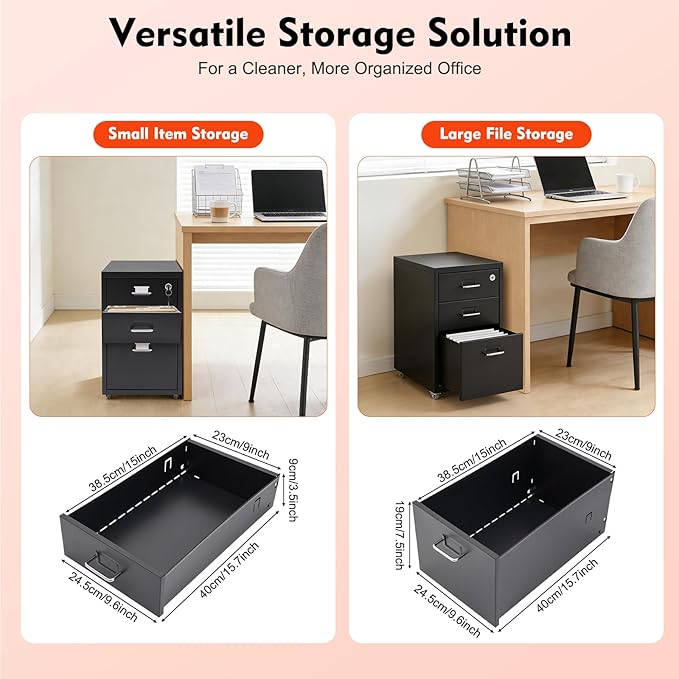 3-Drawer Metal File Cabinet, Mobile File Cabinet with Lock, Rolling Vertical Filing Drawers Under Desk for Home Office, 11 * 16 * 18.3in (Black)