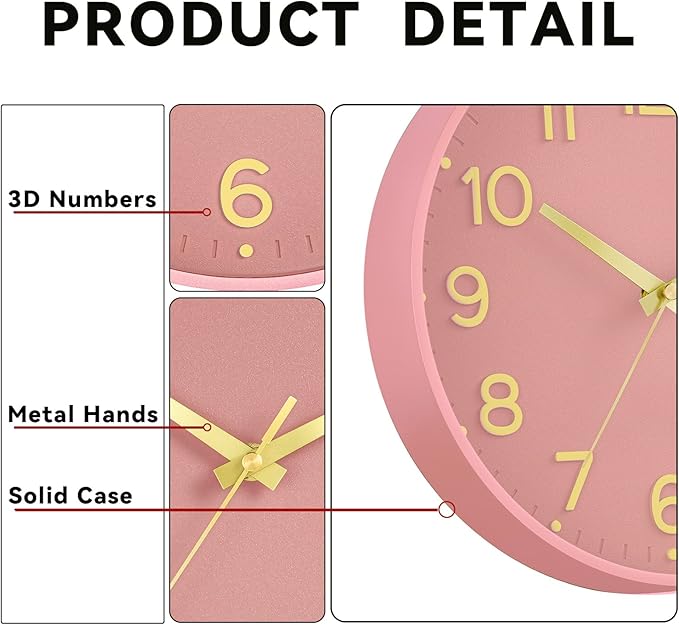 Silent Wall Clocks Battery Operated 8 Inch-Modern Non Ticking Analog Clock Decorative for Kitchen Office Bathroom Bedroom(Pink Gold)