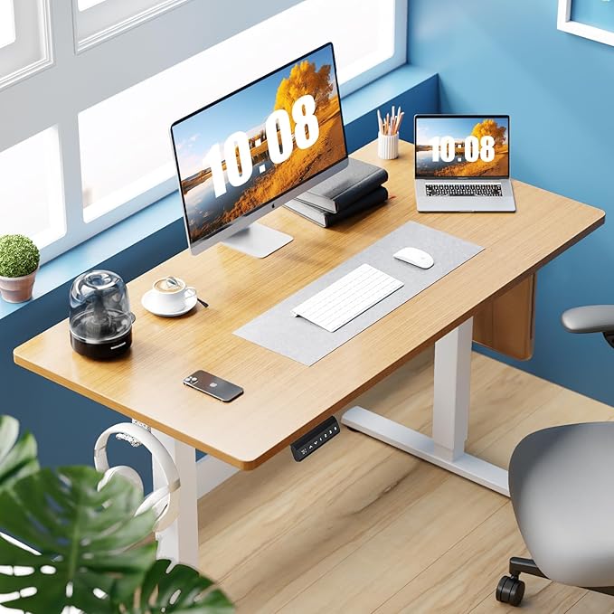 Sweetcrispy Electric Standing Desk Adjustable Height, 48x24 Inch Sit Stand Up Home Office Desks Computer Workstation PC Work Table with 3 Memory Preset Splice Wood Board Metal Frame, Oak