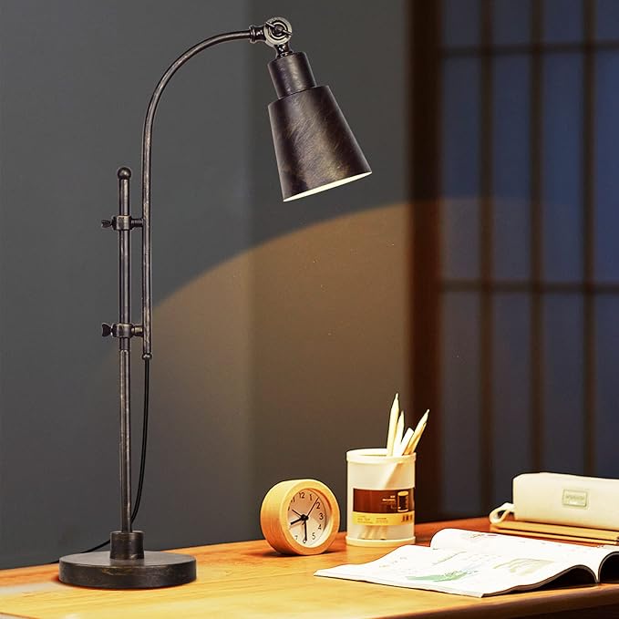 Metal Desk Lamp Rustic Task Lamp Black Adjustable, Industrial Style Lamp with On/Off Switch, Vintage Work Reading Lamp for Bedroom, Study Room &Office, ETL Certificate. (Black)