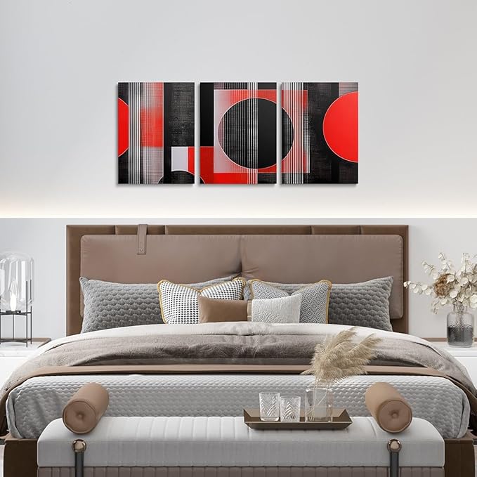 jejeloiu 12"x16"x3pcs Office Decorations Artwork Posters Modern Geometric 3 Piece Canvas Wall Art for Living Room Bedroom Red Abstract Art Picture Wall Decor