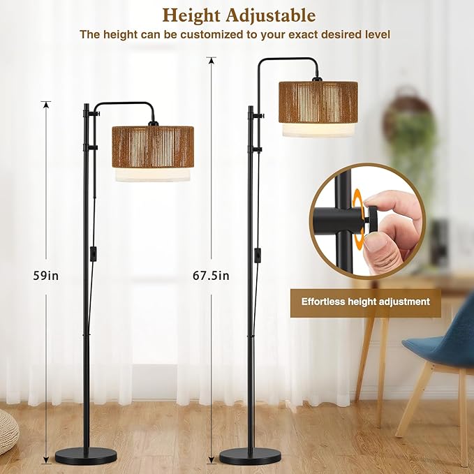 GyroVu Rattan Floor Lamp for Living Room, 3 Color Temperatures LED Bulb Included, Farmhouse Boho Arc Standing Lamp, Handwoven Tall Lamps for Bedroom, Home Office, Corner