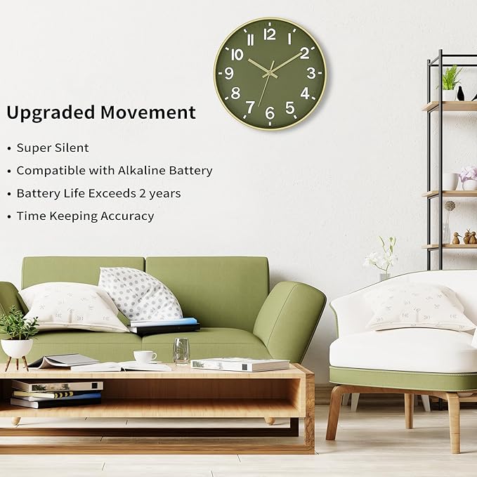 Foxtop Modern Wall Clock Silent Non-Ticking Battery Operated Round Quartz 12 Inch Wall Clock for Bedroom Living Room Kitchen Home School Office Decor (Olive Green and Gold)