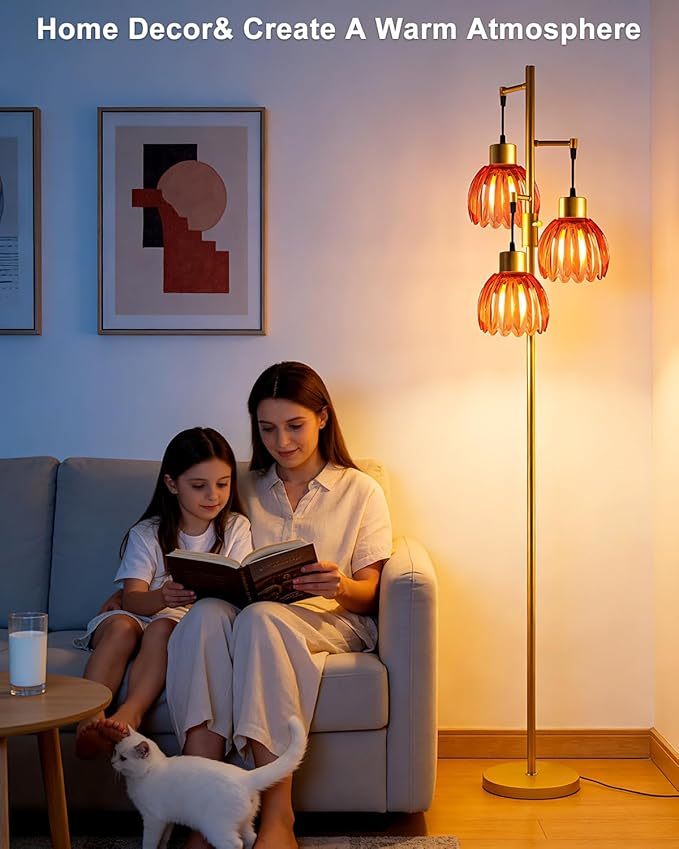 Lightdot 65'' Glass Floor Lamp Dimmable Gold with Deep Red Lotus Glass Shade & 3000K Bulbs Included 3-Lights Modern Tall Standing Lamp for Living Room/Bedroom/Sofa Beside/Corner Decor