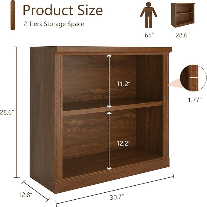 2-Tier Bookshelf Basic Book Case, Wooden Storage Shelves Rustic Bookshelf, Sturdy Display Cabinet for Living Room, Library, Office (Classic Oak, 2-Tier)