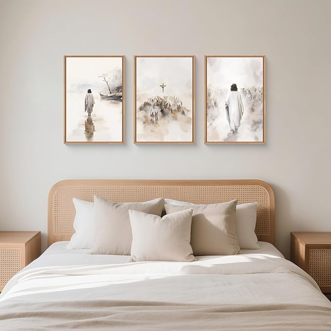 Jesus Christ Easter Framed Canvas Wall Art Set,Religious Christian Bible Verses Crucified Resurrection Wall Decor,Netural Beige Watercolor Artwork for Living Room,Church,Prayer Room - 24"x36"x3