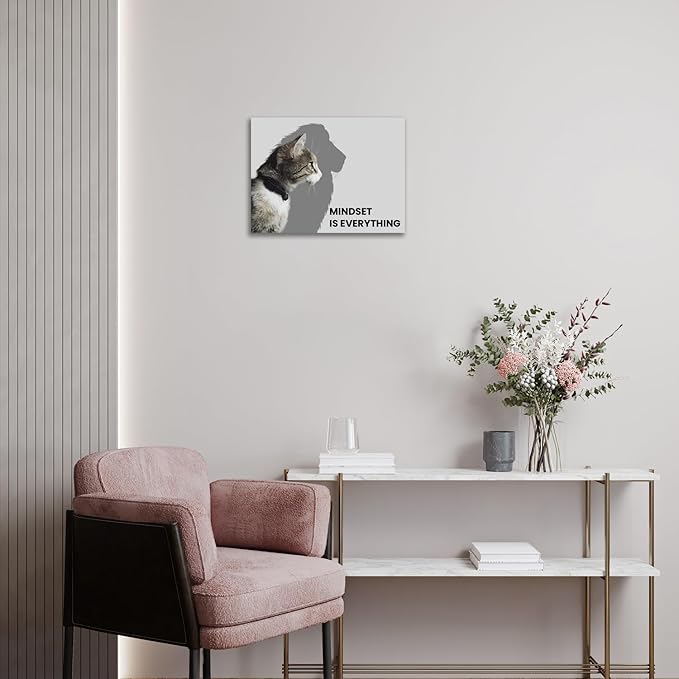 Inspirational Wall Art Framed Canvas 12 x 16 in MINDSET IS EVERYTHING (Cat) - Motivational Entrepreneur Positive Quotes Wall Arts Decor for Home Office Bathroom Bedroom Kitchen Classroom Gym