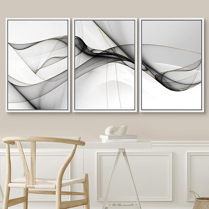 SIGNWIN Framed Canvas Print Wall Art Set Pastel Gray Geometric Smoke Wave Abstract Shapes Illustrations Modern Art Decorative Nordic Zen Chic for Living Room, Bedroom, Office - 16"x24"x3 White