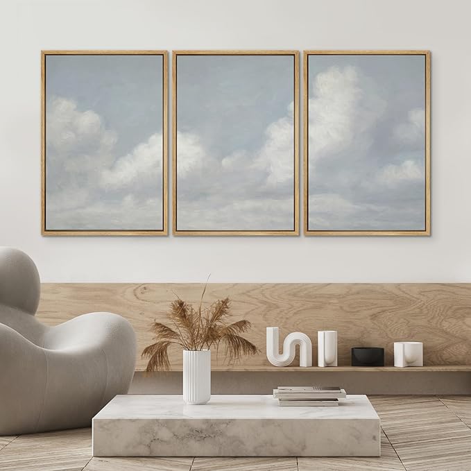 SIGNWIN Framed Canvas Print Wall Art Set Soft Sky and Clouds Minimalist Blue and White Cloudscape Illustrations Modern Art Decorative for Living Room, Bedroom, Office - 24"x36"x3 Natural
