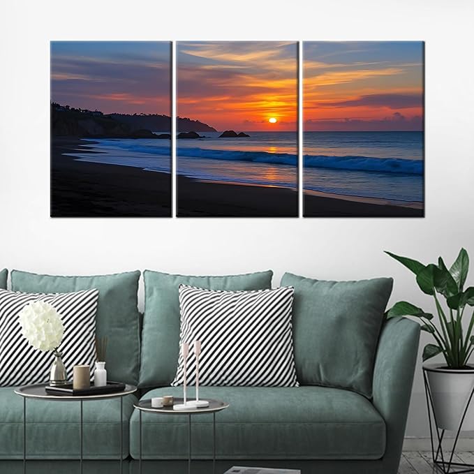 Sandy Beach at Dusk Landscape Posters Print for Office Wall Decor Reef Scenery Canvas Wall Art Reef by The Sea Modern Wooden Framed Painting Artwork for Living Room Hotel Ready to Hang [60''Wx28''H]