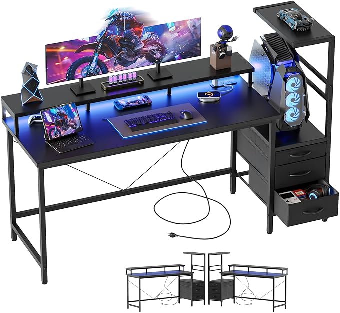 Mericonia Gaming Desk with Power Outlets & LED Lights, Reversible Computer Desk with PC Case Stand, Fabric Drawers, Modern Office Desk with Shelves, Monitor Stand