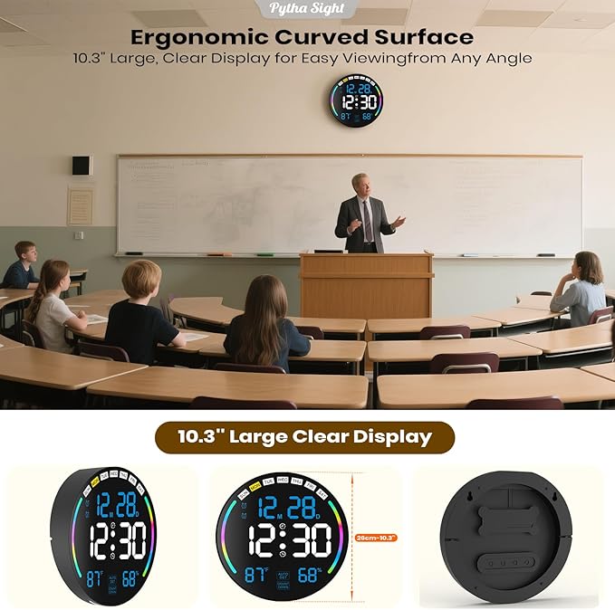 Large Digital Wall Clock with 10.3" LED Display,Alarm,Countdown Timer,DST,Temperature,Humidity,Auto-Dimming,Remote Control,Night Light for Classroom,Bedroom,Living Room,Office,Gym