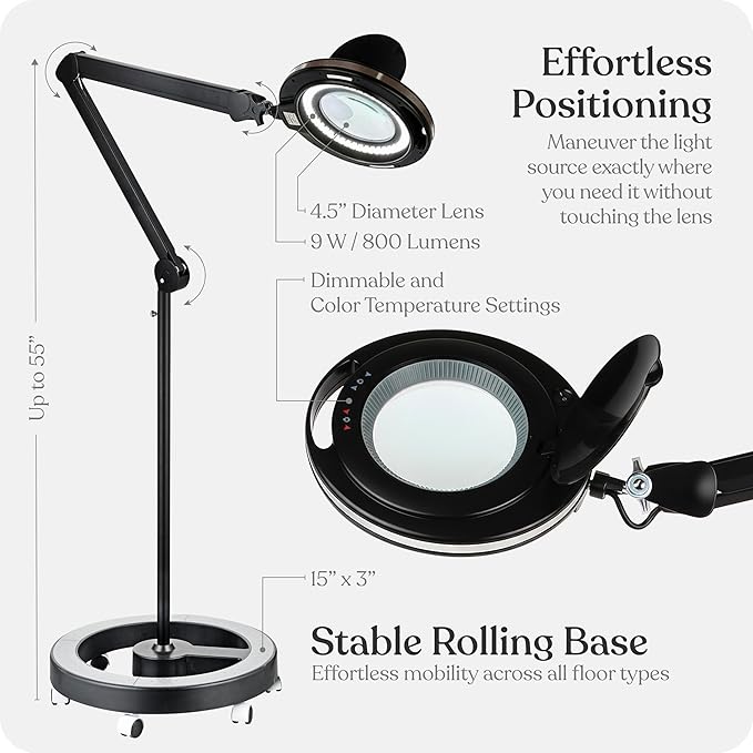 Brightech Lightview Pro Magnifying Glass with Stand & Light, Magnifying Floor Lamp with 6-Wheel Rolling Base for Facials & Lashes – Dimmable LED Work Light for Crafts, Sewing, and Projects - 5 Diopter