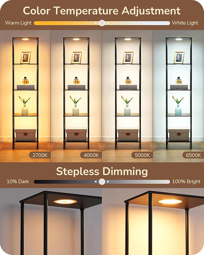 EDISHINE RGBW Floor Lamp, 5-Tier Display Shelf with Light, Adjustable Brightness & Color Temperature, 3 Lighting Modes, Remote Control, Stable Floor Lamps for Living Room, Bedroom, Study, Dark Walnut