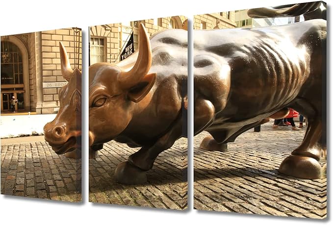 TUMOVO Modern Wall Decor 3 Panels America Famous Attractions Wall Street Bull Pictures Printed on Canvas for Bedroom Living Room Office Stretched and Framed Ready to Hang - 36" Wx24 H