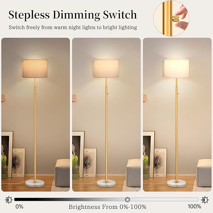 Gold Marble Floor Lamp, Dimmable Tall Standing Lamp with White Linen Shade, 63.7" Modern Gold Floor Lamp for Living Room Bedroom Office, 9W LED Bulb Included