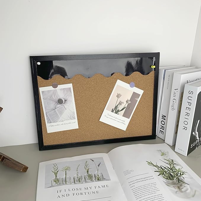 Black Cork Bulletin Board, 15.7 X 12 Inches with Oak Wood Finish Frame, Wall Mounted for Office Home and School(Pins, Eye Bolts, gaskets, Screws)
