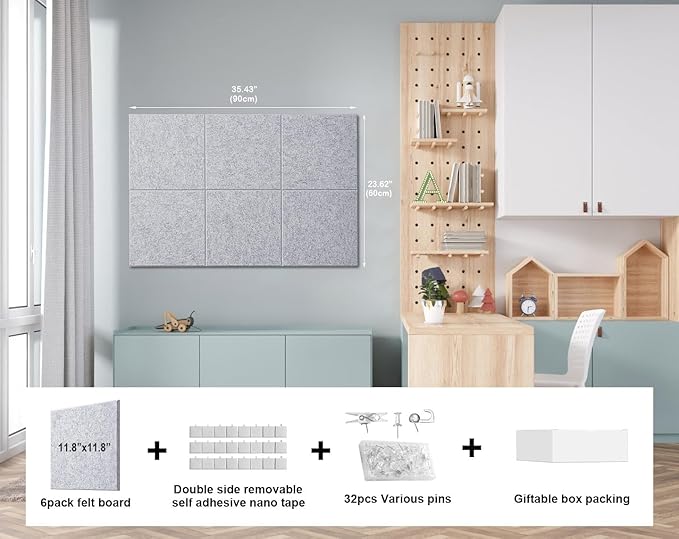 Felt Wall Tiles Bulletin Board Large Cork Board Alternative 6 Pack 11.81”x11.81”x0.47” Felt Pin Board Tack Board with Safe Removable Adhesive Tabs for Home Office School 36x24 (Silver Grey)