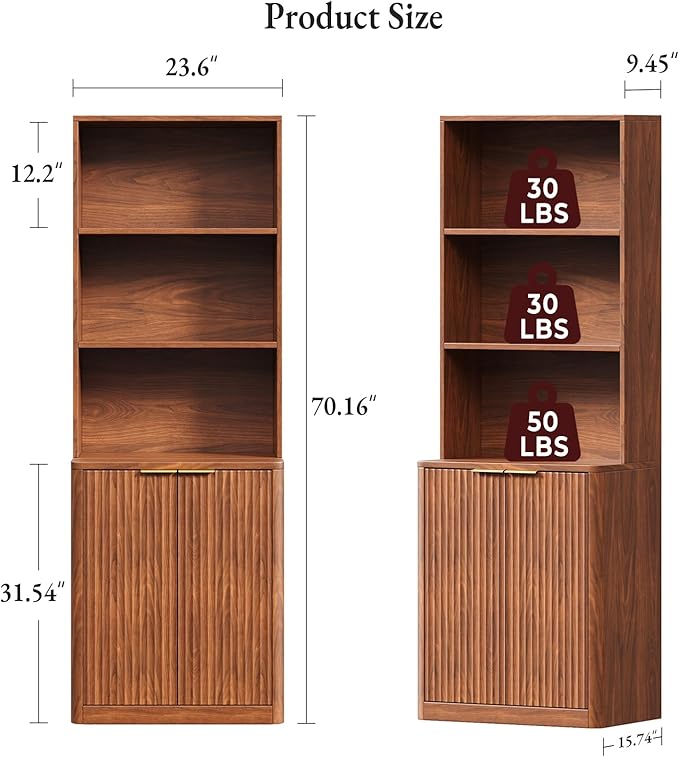 71" Walnut Bookcase with Doors, 5 Tier Fluted Tall Bookshelf with Storage, Librero with Cabinet for Home Office, Living Room,or Bedroom