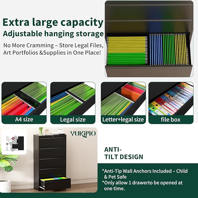 5 Drawer Lateral File Cabinet with Lock, Horizontal Metal File Cabinets for Home Office, Heavy Duty Large Filing Storage Cabinet, Steel Wide File Cabinet for Legal/A4/F4, Require Assembly-Black