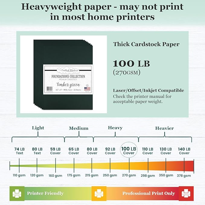 Cardstock Warehouse Foundations 100% Recycled Timber Green Cardstock Paper - 25 Sheets, 8.5 x 11" - 100lb/270 GSM Premium Dark Forest Green Card Stock for Card Making, Printing & DIY Projects