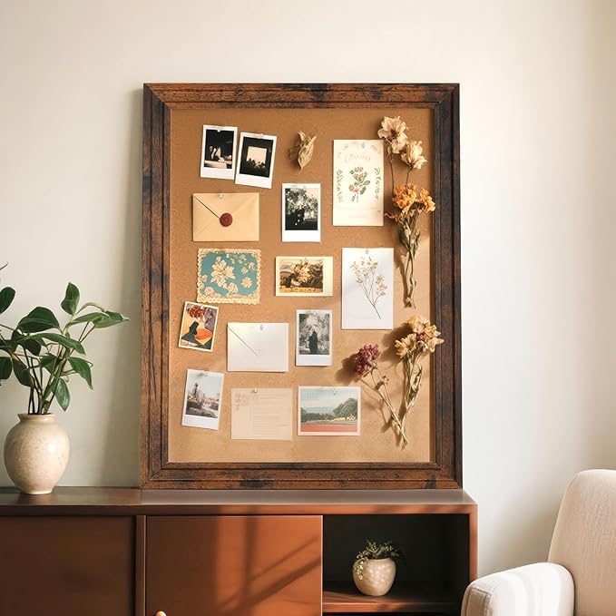Cork Bulletin Board, 24"x18" Corkboard for Wall with Vintage Brown Wooden Frame, Hanging Pin Board for Home Office Decor, 10 Push Pins