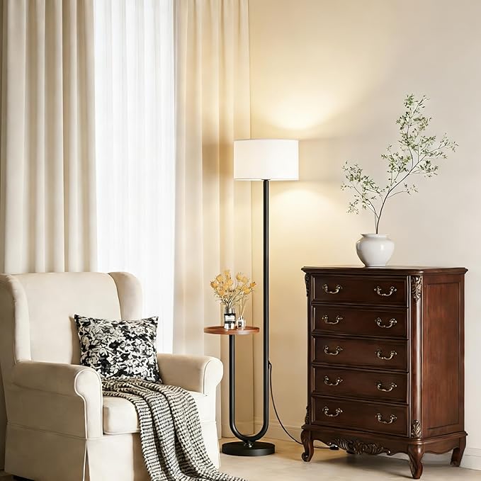 62.9" Floor Lamp with Table Brown, White Lampshade Vintage Standing Lamp with Tray Foot Switch, 3 Color Temperatures LED Bulb Included, for Living Room, Bedroom