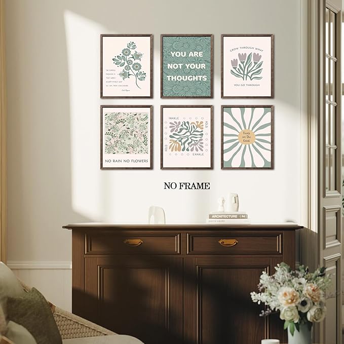 Sage Green Floral Canvas Wall Art Poster Set of 6, Motivational Mental Health Pictures Wall Decor, Inspirational Quotes Botanical Paintings Prints for Therapy Office Living Room Home 12x16in Unframed