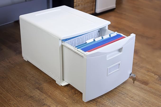 Storex Plastic One-Drawer File Cabinet – Locking Document Organizer for Home and Office, White, 1-Pack (61271A01C)