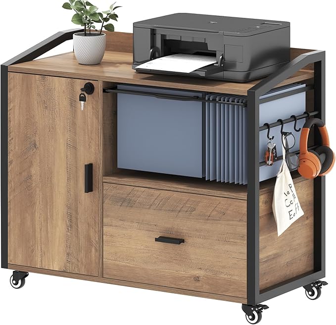 HSH Rolling File Cabinet with Lock, Mobile Lateral Filling Cabinet on Wheels, Wood Metal Printer Stand with Storage Drawer Shelf, Modern File Cabinets Fits F4 Legal for Home Office, Rustic Oak, 33Inch