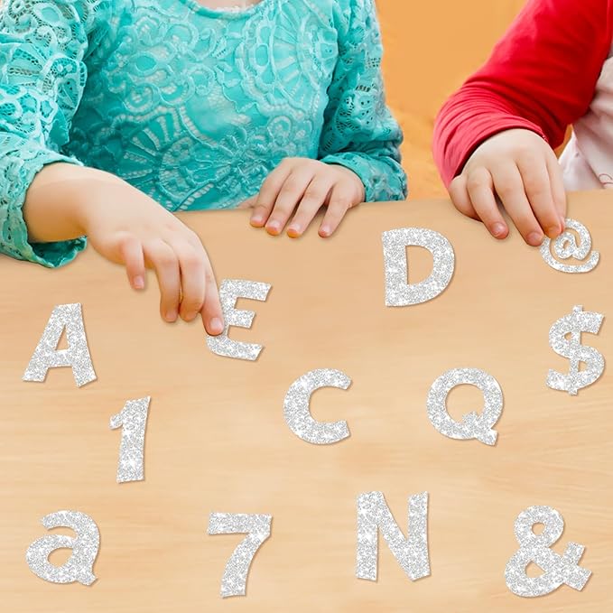 Colarr 216 Pcs Glitter Bulletin Board Letters for Classroom Number Alphabet Punctuation Symbol Cutout 4'' Die-Cut Poster Letter with Adhesive Dot School Party Holiday Decor Display(Silver)