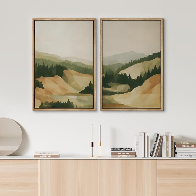 SIGNWIN Framed Canvas Print Wall Art Set Green and Beige Forest Hills Nature Mountain Landscape Illustrations Modern Art Decorative Multicolor for Living Room, Bedroom, Office - 24"x36"x2 Natural
