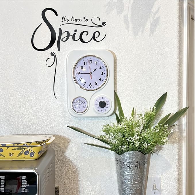 Lily's Home - 9.5 Inch x 12.5 Inch - Retro Kitchen Wall Clock, Vintage Wall Clock with a Thermometer and 60-Minute Timer, Ideal for Any Kitchen, Office, or Diner (White)