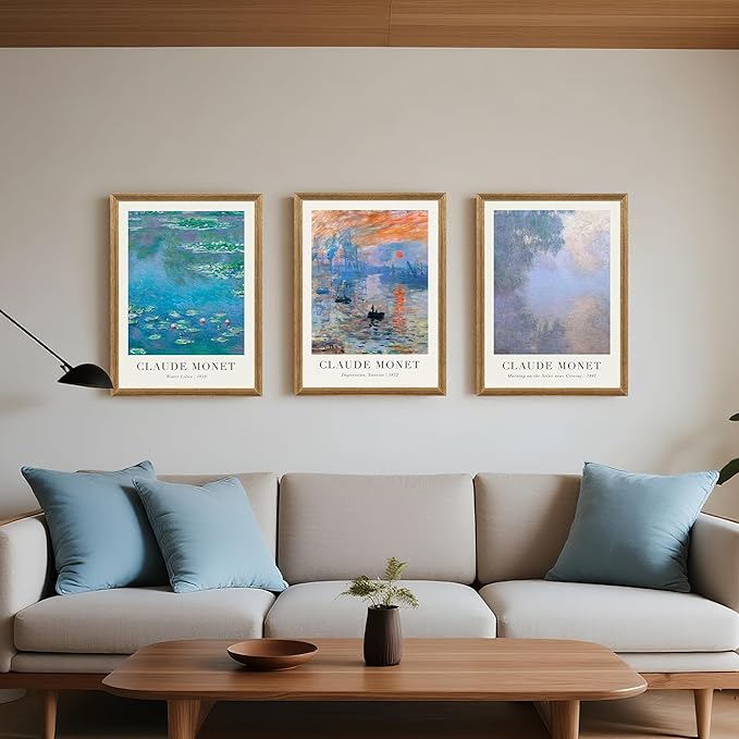 SYWENNOI Monet Impressionism Canvas Wall Art Set of 3, Classic Claude Monet Pieces Wall Decor, Water Lilies Sunrise and art Seine Landscape Art Prints for Living Room Bedroom Office 16x24 Wood Frames