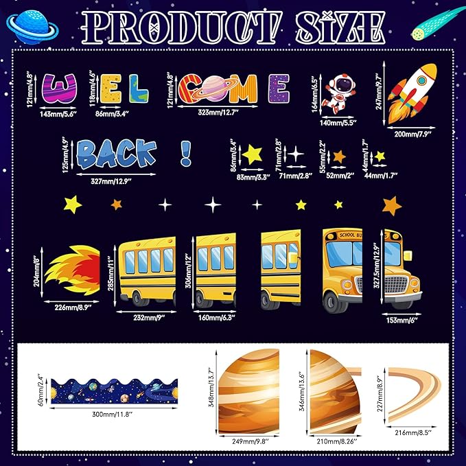 Pajean Outer Space Bulletin Board Welcome Back to School Classroom Decor Space Bus Galaxy Planet Cutouts for Back to School First Day Window Door Wall Elementary Preschool Teacher Supplies