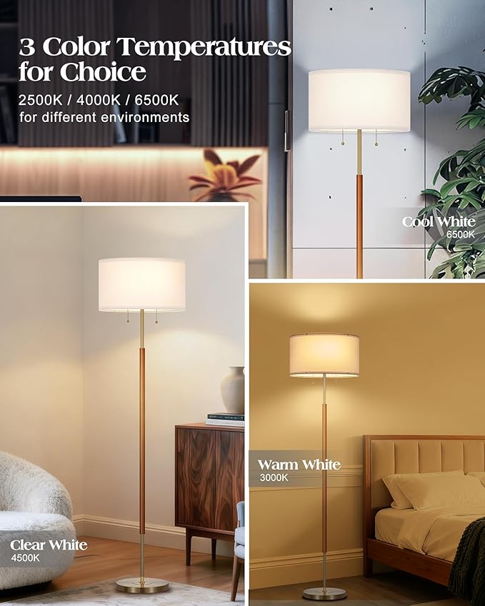BTP Mid Century Floor Lamp for Bedroom, 2-Lights Wood Floor Lamp with Dual Switch, Tall Reading Standing Light for Living Room Office Farmhouse, 3 Color Temperatures 9W Bulbs*2 Included