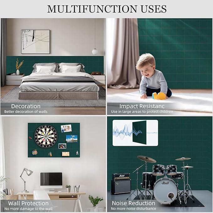 Large Felt Cork Board Alternative - 36" x 24" Bulletin Board with 30 Pushpins, 6 Pack Adhesive Cork Board, Sound Absorbing Fabric Wall Tiles, for Office Home Music Class, Dark Green