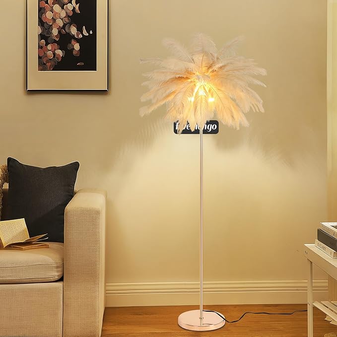 Feather Floor Lamp for Living Room, Fluffy Ostrich Feathers Lamp, Rose Gold Color Body, 3 Color Temperatures Modern Funky Arc Tall Standing Lamp for Bedroom Inclued Bright LED Bulbs (Khaki)