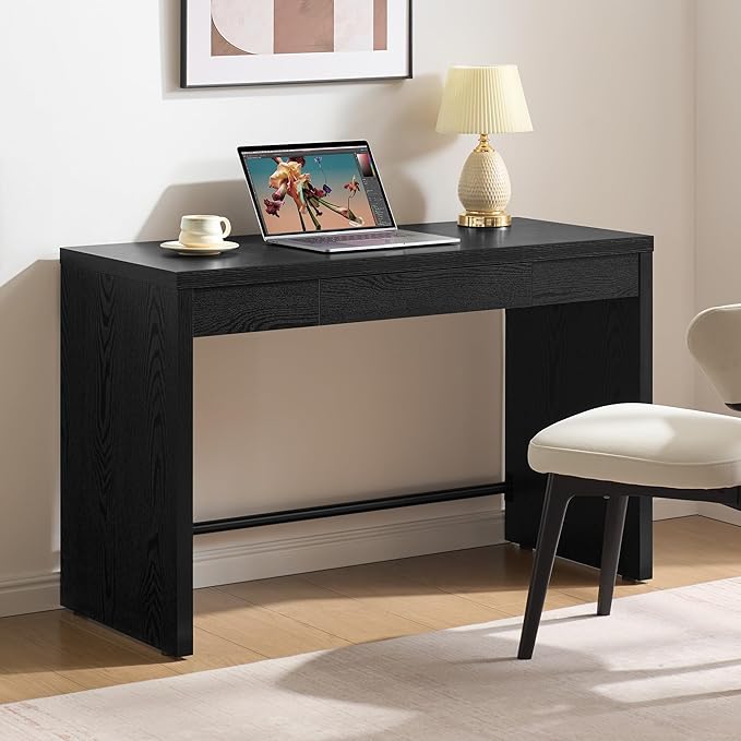 SICOTAS Home Office Executive Desk - 47-Inch Computer Desk with Drawer, Farmhouse Writing Study Desk with Storage,Boho Makeup Vanity Table for Bedroom (Black Oak, 2 Pieces)