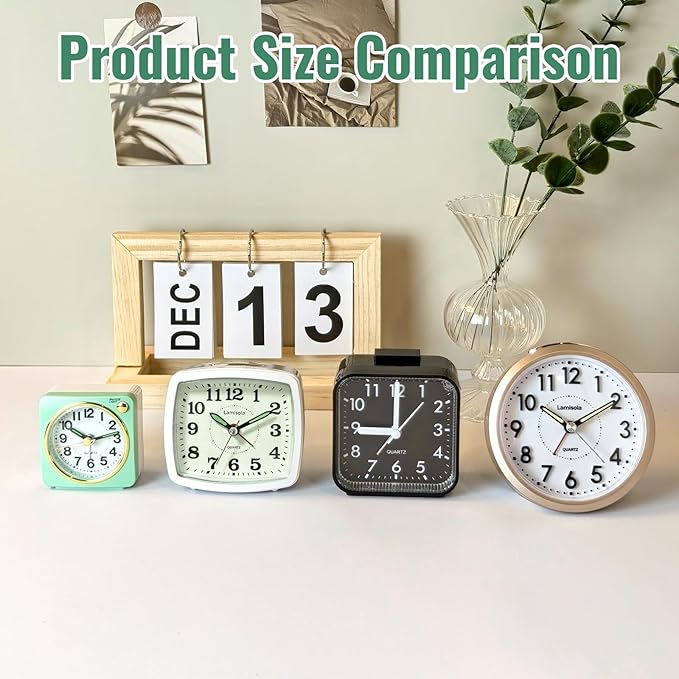 Battery Analog Travel Alarm Clock, Small Clock for Bedroom, Desk Table Shelf Clocks for Room Office Bathroom Vanity, Aesthetic Retro Clocks for Kids Teen Seniors, Mint