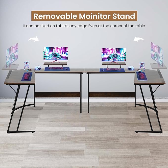 L Shaped Gaming Desk, 50 Inch Corner Desk, Office Computer Desk with Large Monitor Stand for Home Office Sturdy Writing Workstation, Easy to Assemble, Brown