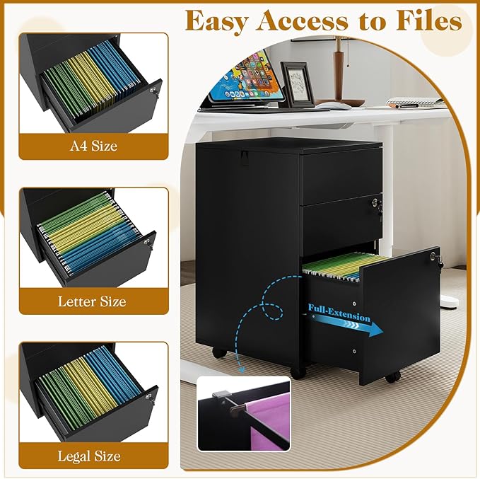 LOKO Mobile File Cabinet with 3 Drawers, Wooden Rolling Filing Cabinet with Lock, Under Desk File Organizer for A4/Letter/Legal Size, for Home Office, Study (Black)
