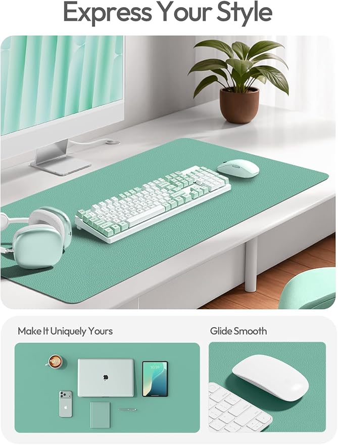 YSAGi Leather Desk Protector, Office Mat, Large Mouse Mat, Non-Slip PU Leather Blotter, Laptop Desk Mat, Waterproof Writing Pad for Office and Home (Green-Blue, 31.5" x 15.8")