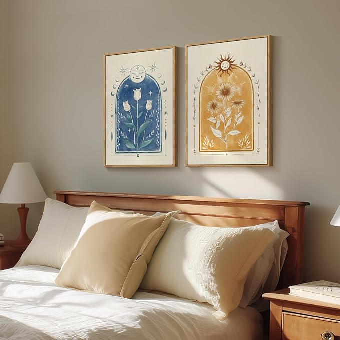 Framed Mid Century Modern Tarot Wall Art for Living Room, Set of 2 Boho Abstract Sun and Moon Floral Canvas Artwork for Walls, Bohemian Painting Print Wall Decor for Bedroom Hallway Office, 16x24 Inch