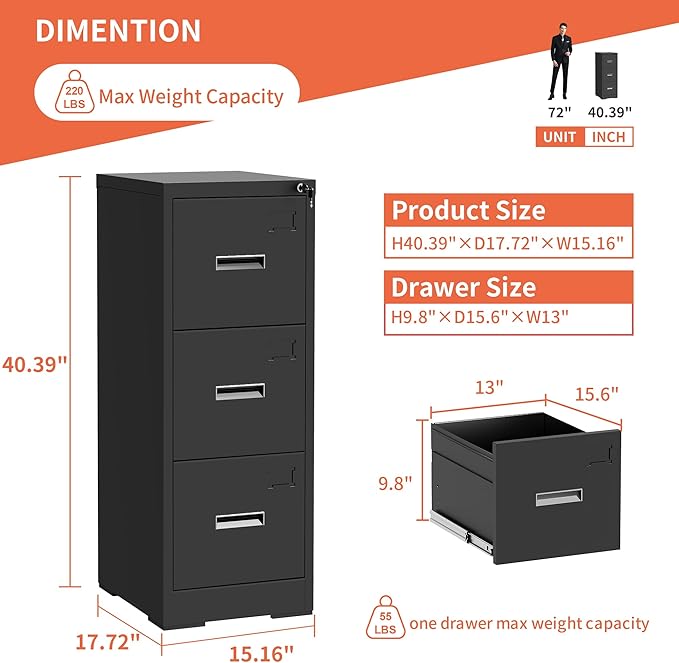 3 Drawer File Cabinet with Lock,Black Metal Filing Cabinets for Home Office,Vertical File Cabinet,Heavy Duty Metal Storage Cabinet for A4/Letter/Legal Size Files,Assembly Required