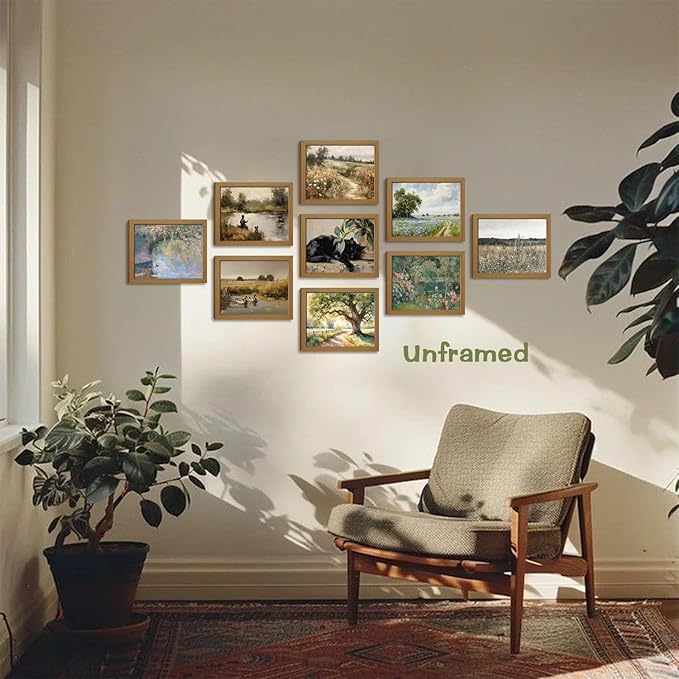 SEHSUVC Vintage Country Classic Oil Wall Art Set of 9, Flowers Tree Farmhouse Style Canvas Posters Wall Decor, Cute Sleeping Cat Nature Plant Prints for Bedroom Bathroom Home Decor Gifts 8x10inch Unframed