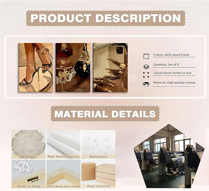 SOUHLP 3Pcs Fashion Black Girl Canvas Wall Art 3Pcs Vintage Fashion Canvas Wall Art There are two sets in this link and any one will be sent randomly for Living Room Bedroom Home Decoration 12x16in