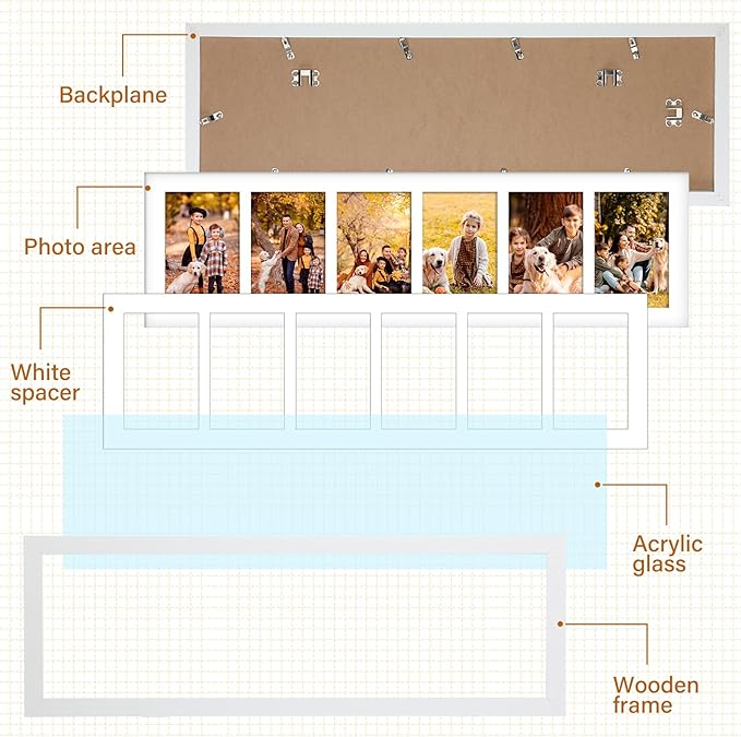Chunful 2 Pcs 28.4 x 9.5 Inches Collage Picture Frames for Wall Multiple 4 x 6 Inch Wood Picture Frame Display 6 Opening Multi Photo Frame with Acrylic Screens Horizontal and Vertical(White)